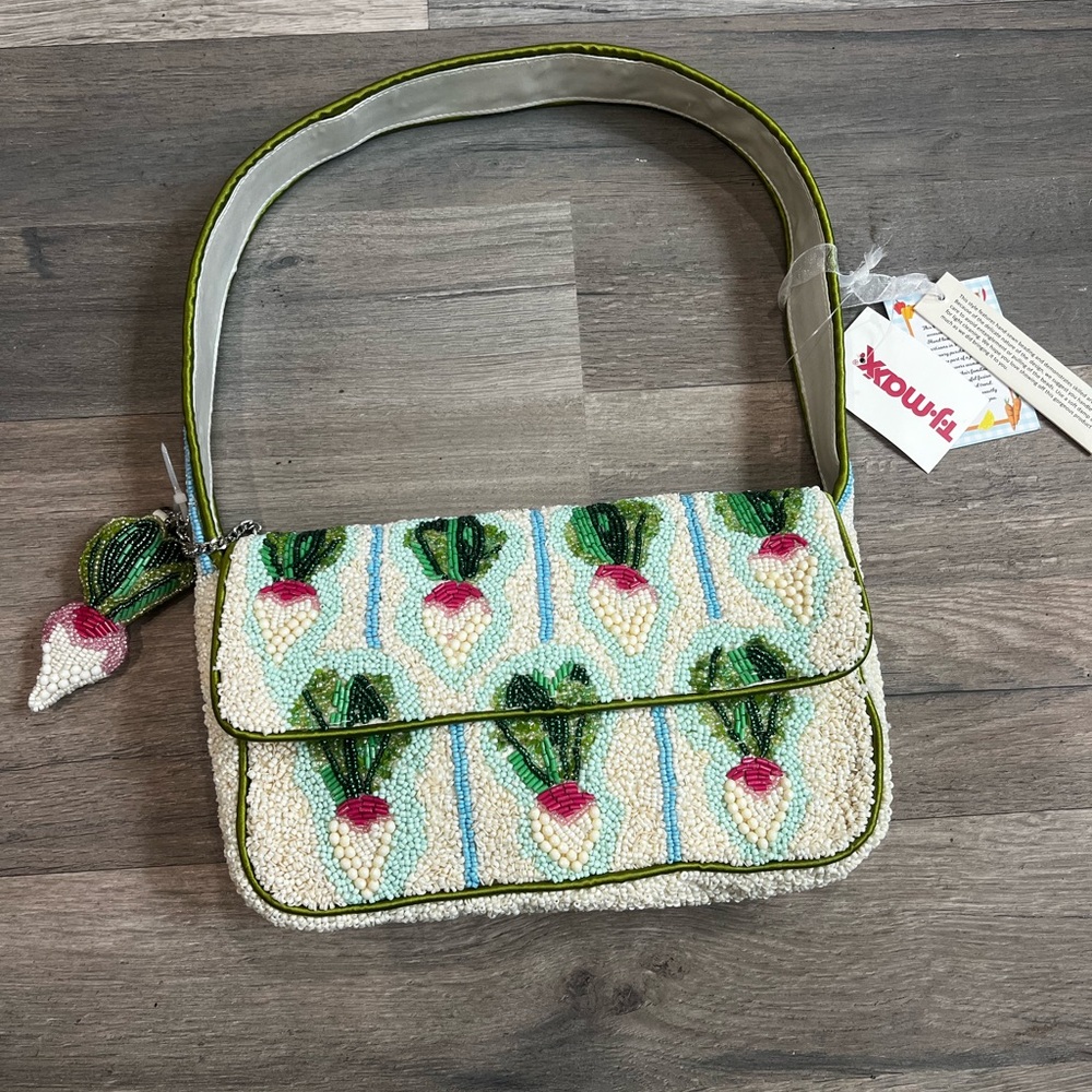 Beaded Radish Pattern Shoulder Bag - Cream & Green